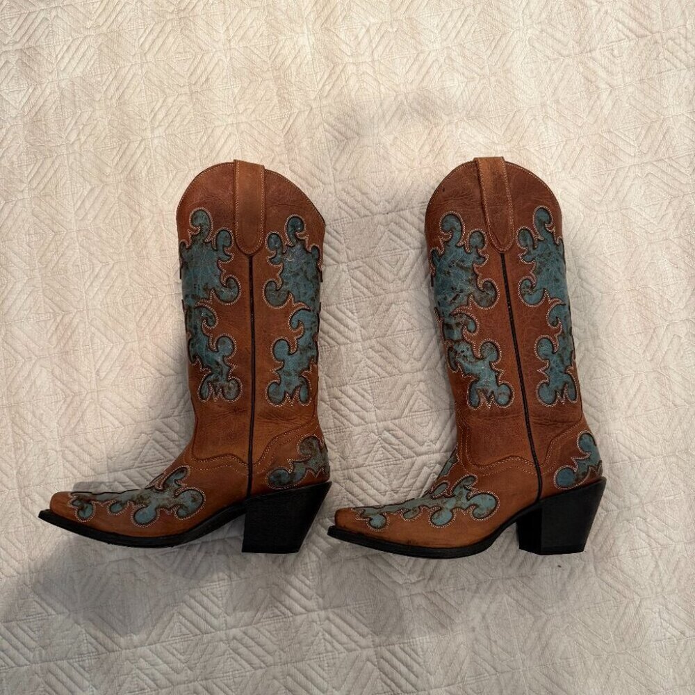 NEW Vintage Brown and Turquoise Leather Cowboy Boots, Nashville Boot Co, US 7 - Picture 4 of 6